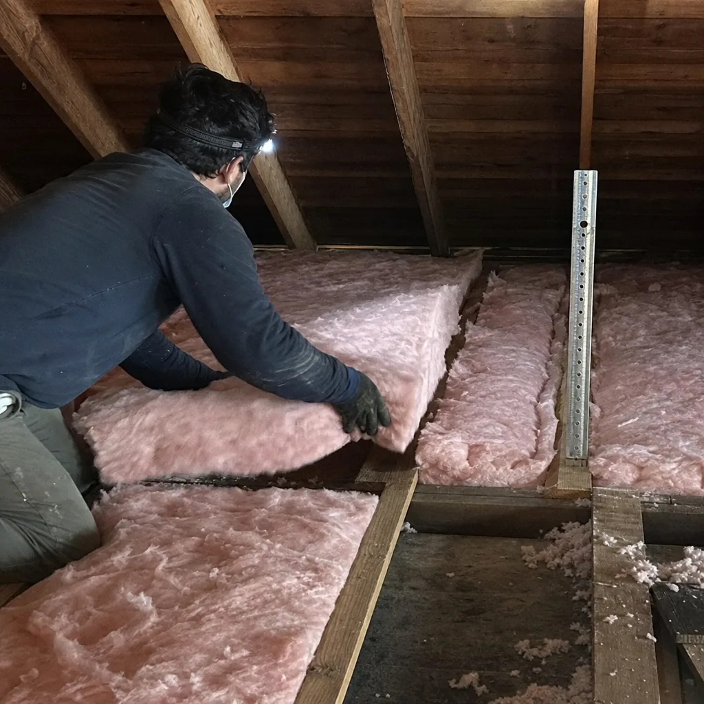 Contractor installing pink fiberglass batt insulation in a residential attic in Fort Worth, TX