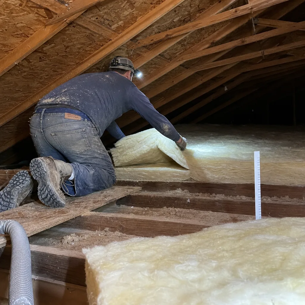 Professional contractor installing fiberglass attic insulation in a wooden house frame in Fort Worth, TX